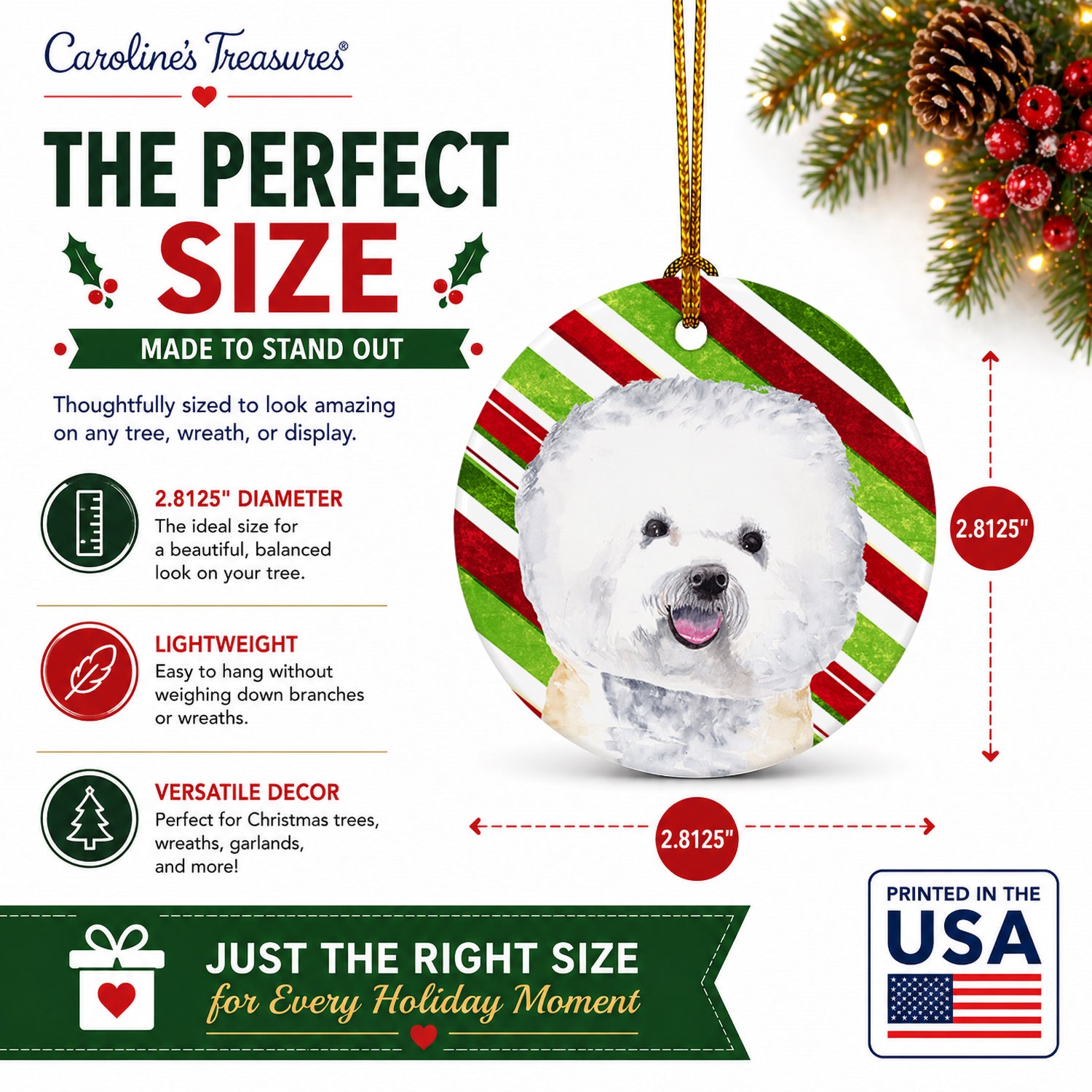 Bichon Frise Candy Cane Holiday Christmas Ceramic Ornament Christmas Tree Hanging Decorations for Home Christmas Holiday, Party, Gift, 3 in, Multicolor