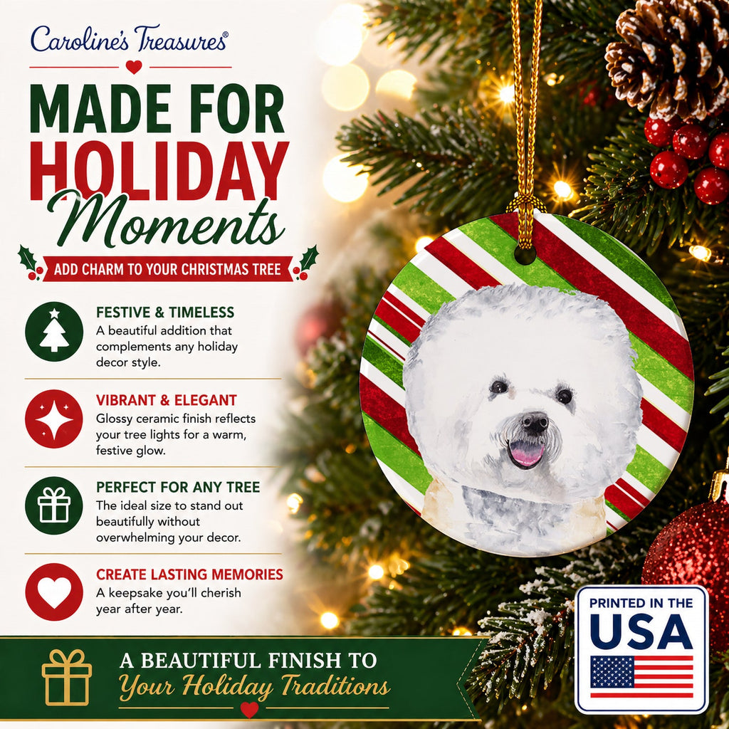 Bichon Frise Candy Cane Holiday Christmas Ceramic Ornament Christmas Tree Hanging Decorations for Home Christmas Holiday, Party, Gift, 3 in, Multicolor