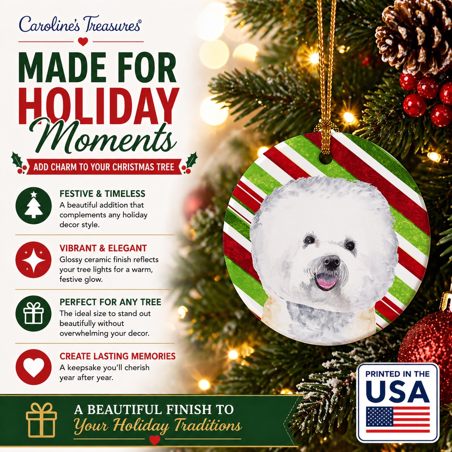 Bichon Frise Candy Cane Holiday Christmas Ceramic Ornament Christmas Tree Hanging Decorations for Home Christmas Holiday, Party, Gift, 3 in, Multicolor