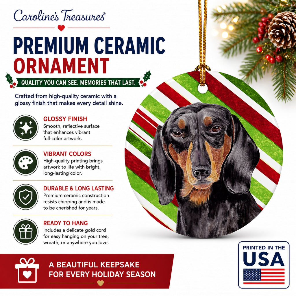 Dachshund Candy Cane Holiday Christmas Ceramic Ornament Christmas Tree Hanging Decorations for Home Christmas Holiday, Party, Gift, 3 in, Multicolor
