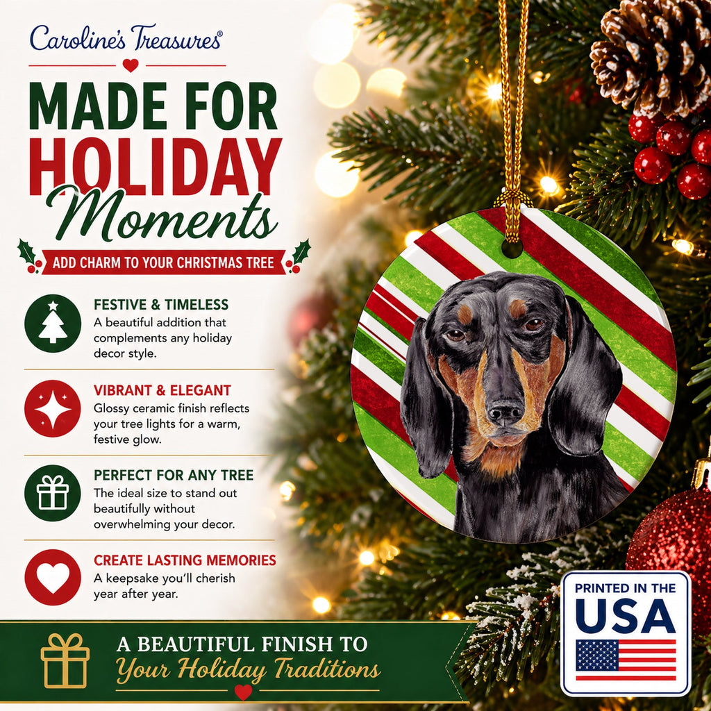 Dachshund Candy Cane Holiday Christmas Ceramic Ornament Christmas Tree Hanging Decorations for Home Christmas Holiday, Party, Gift, 3 in, Multicolor