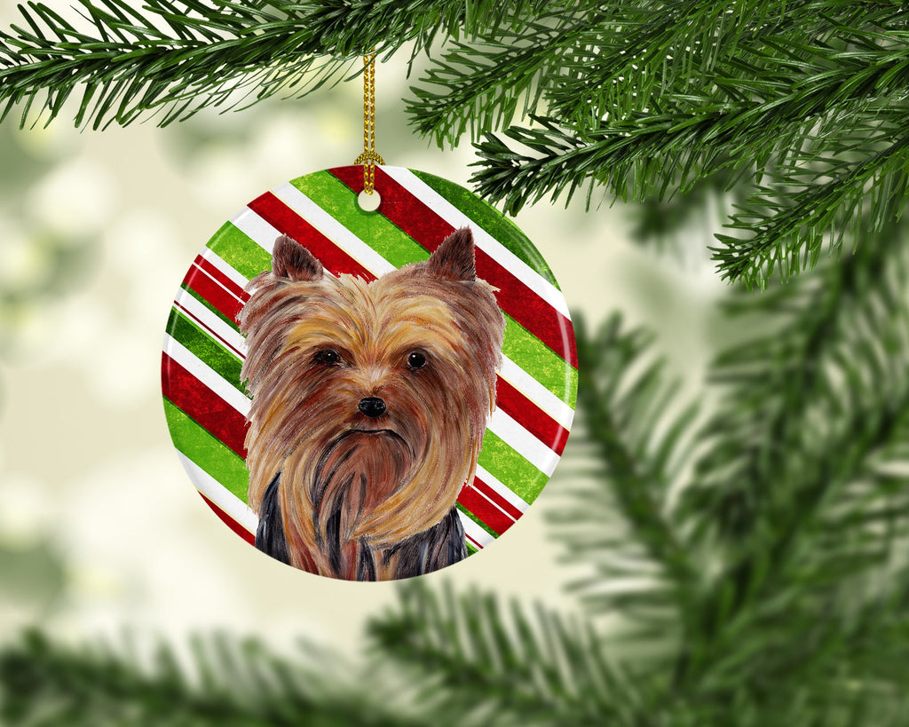 Yorkie Candy Cane Holiday Christmas Ceramic Ornament Christmas Tree Hanging Decorations for Home Christmas Holiday, Party, Gift, 3 in, Multicolor
