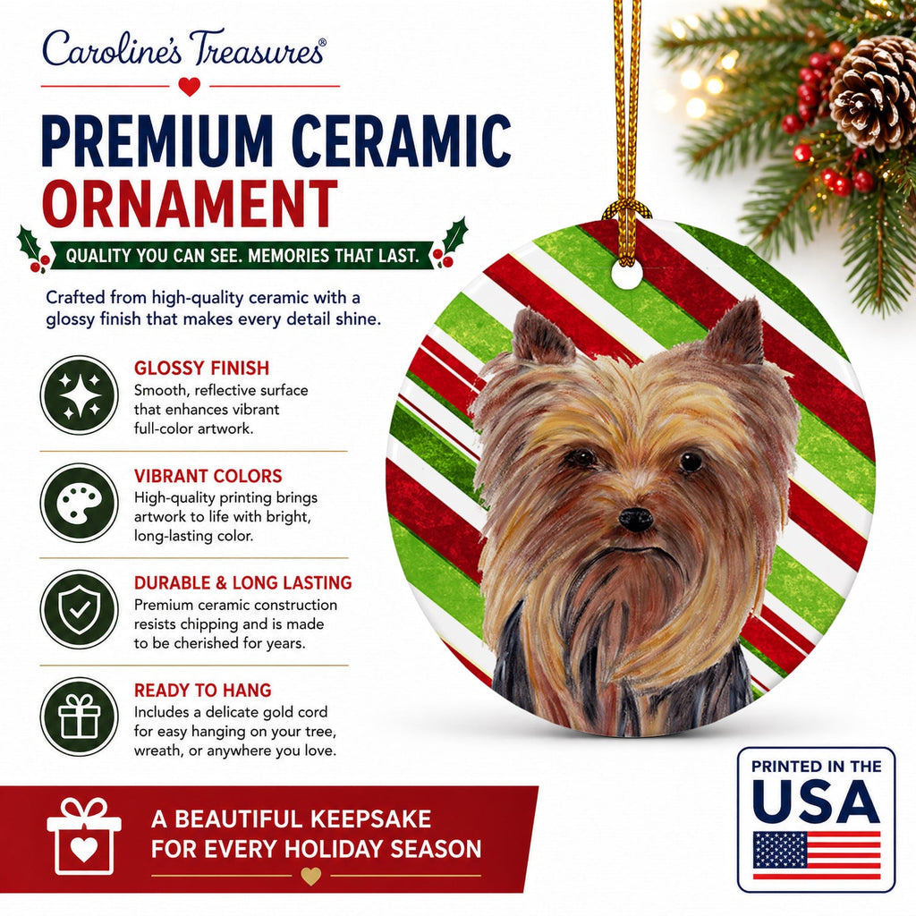 Yorkie Candy Cane Holiday Christmas Ceramic Ornament Christmas Tree Hanging Decorations for Home Christmas Holiday, Party, Gift, 3 in, Multicolor