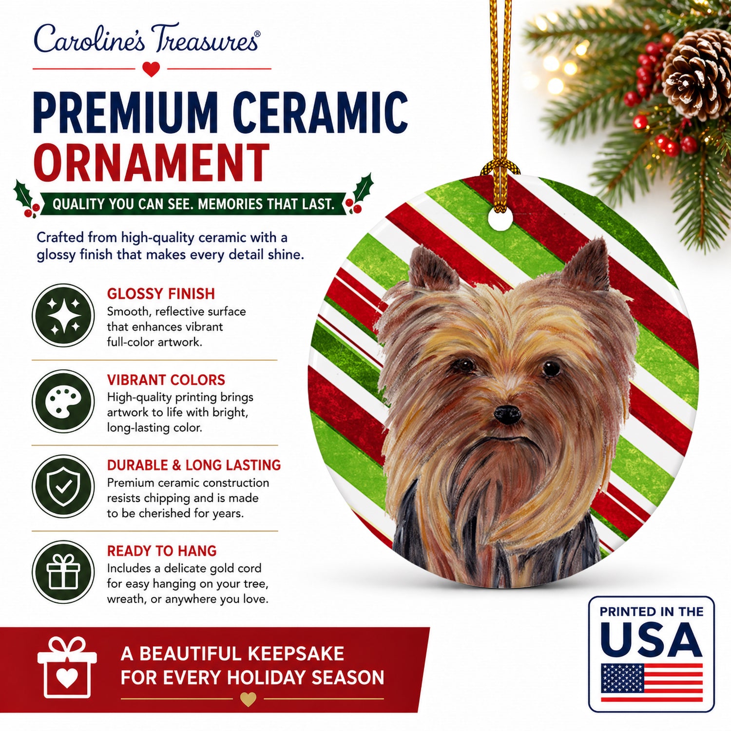 Yorkie Candy Cane Holiday Christmas Ceramic Ornament Christmas Tree Hanging Decorations for Home Christmas Holiday, Party, Gift, 3 in, Multicolor