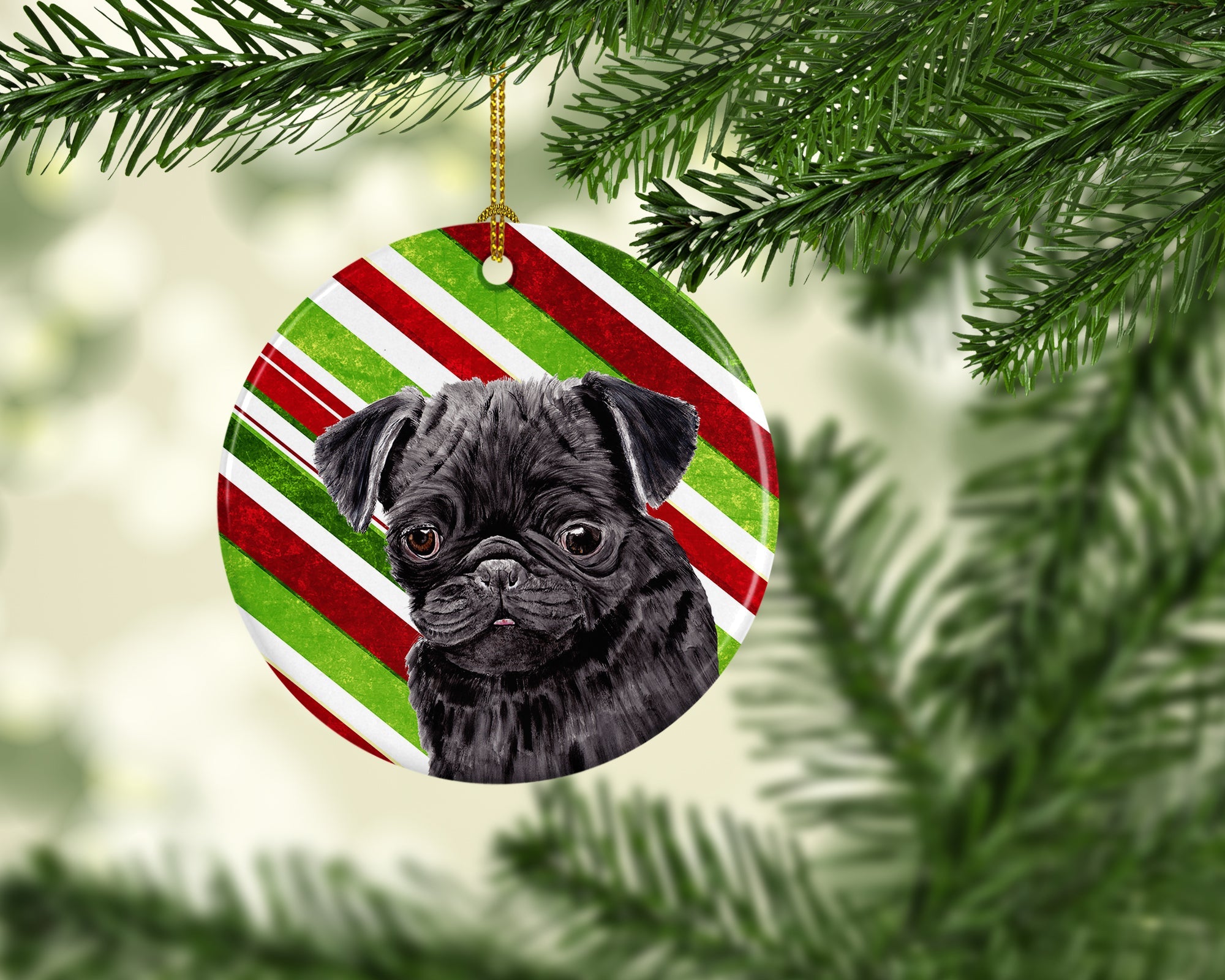 Pug Candy Cane Holiday Christmas Ceramic Ornament Christmas Tree Hanging Decorations for Home Christmas Holiday, Party, Gift, 3 in, Multicolor
