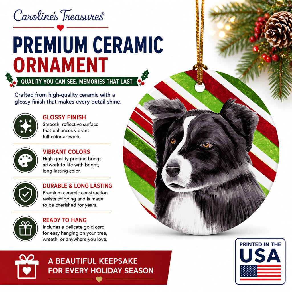 Border Collie Candy Cane Holiday Christmas Ceramic Ornament Christmas Tree Hanging Decorations for Home Christmas Holiday, Party, Gift, 3 in, Multicolor