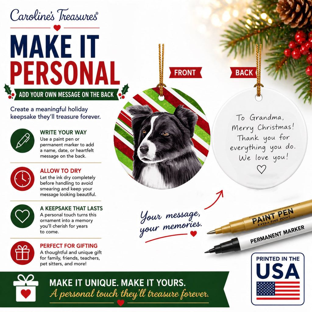 Border Collie Candy Cane Holiday Christmas Ceramic Ornament Christmas Tree Hanging Decorations for Home Christmas Holiday, Party, Gift, 3 in, Multicolor