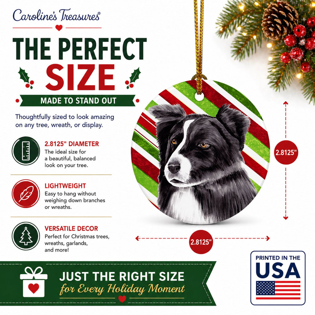 Border Collie Candy Cane Holiday Christmas Ceramic Ornament Christmas Tree Hanging Decorations for Home Christmas Holiday, Party, Gift, 3 in, Multicolor