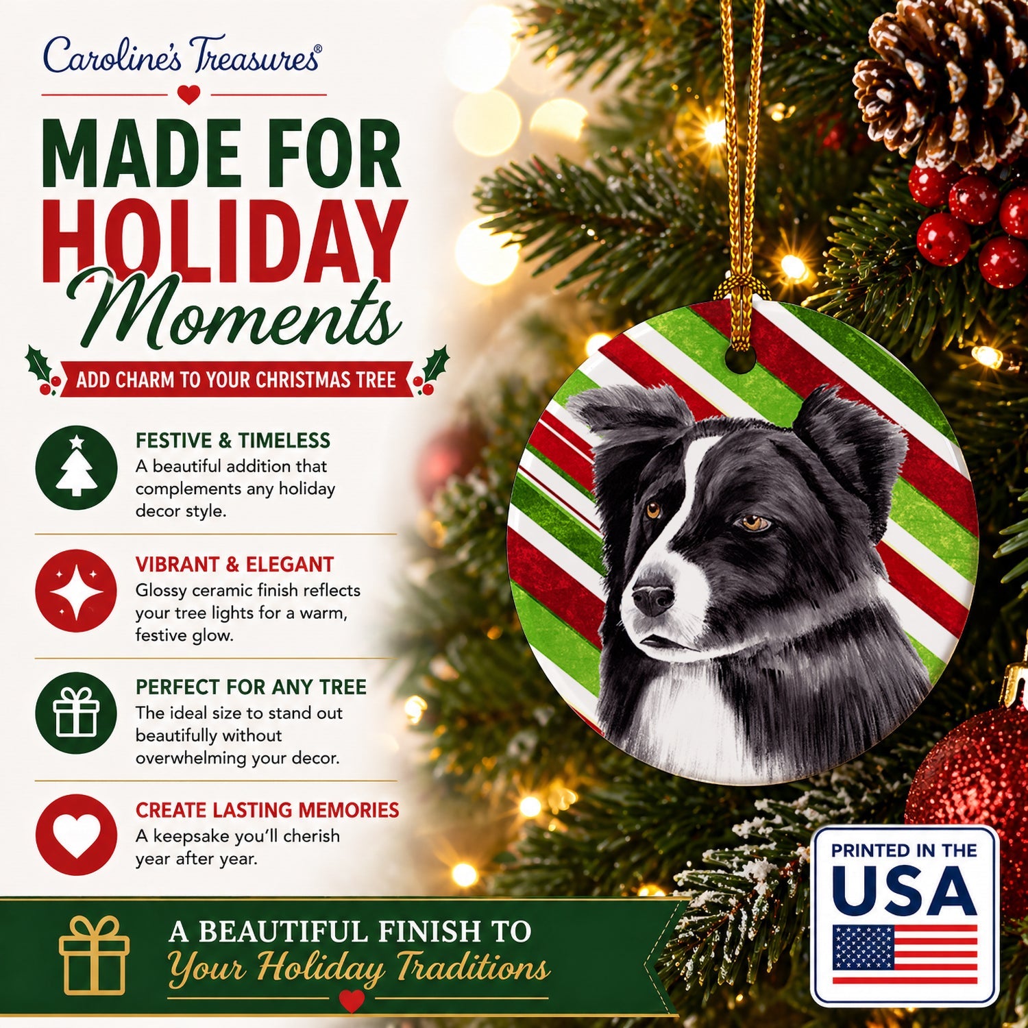 Border Collie Candy Cane Holiday Christmas Ceramic Ornament Christmas Tree Hanging Decorations for Home Christmas Holiday, Party, Gift, 3 in, Multicolor