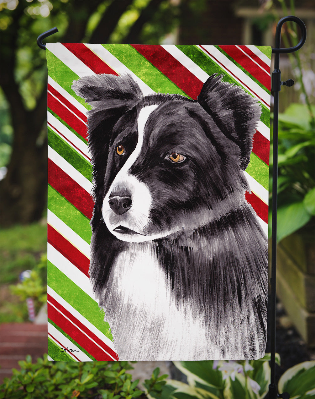 Border Collie Candy Cane Holiday Christmas Garden Flag Mailbox Decorative Yard Banner Outside Patio Artwork for Flower Beds, Garden Size, Multicolor