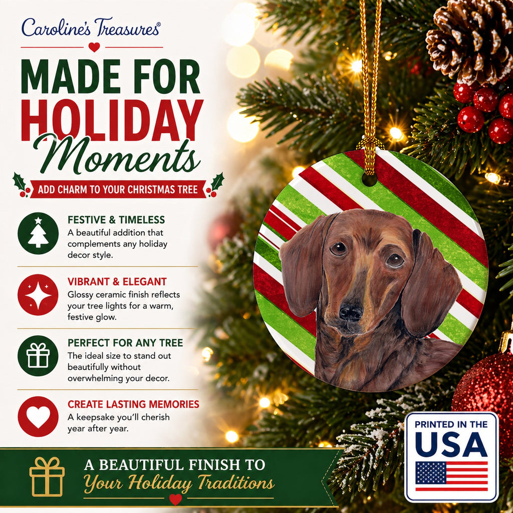 Dachshund Candy Cane Holiday Christmas Ceramic Ornament Christmas Tree Hanging Decorations for Home Christmas Holiday, Party, Gift, 3 in, Multicolor