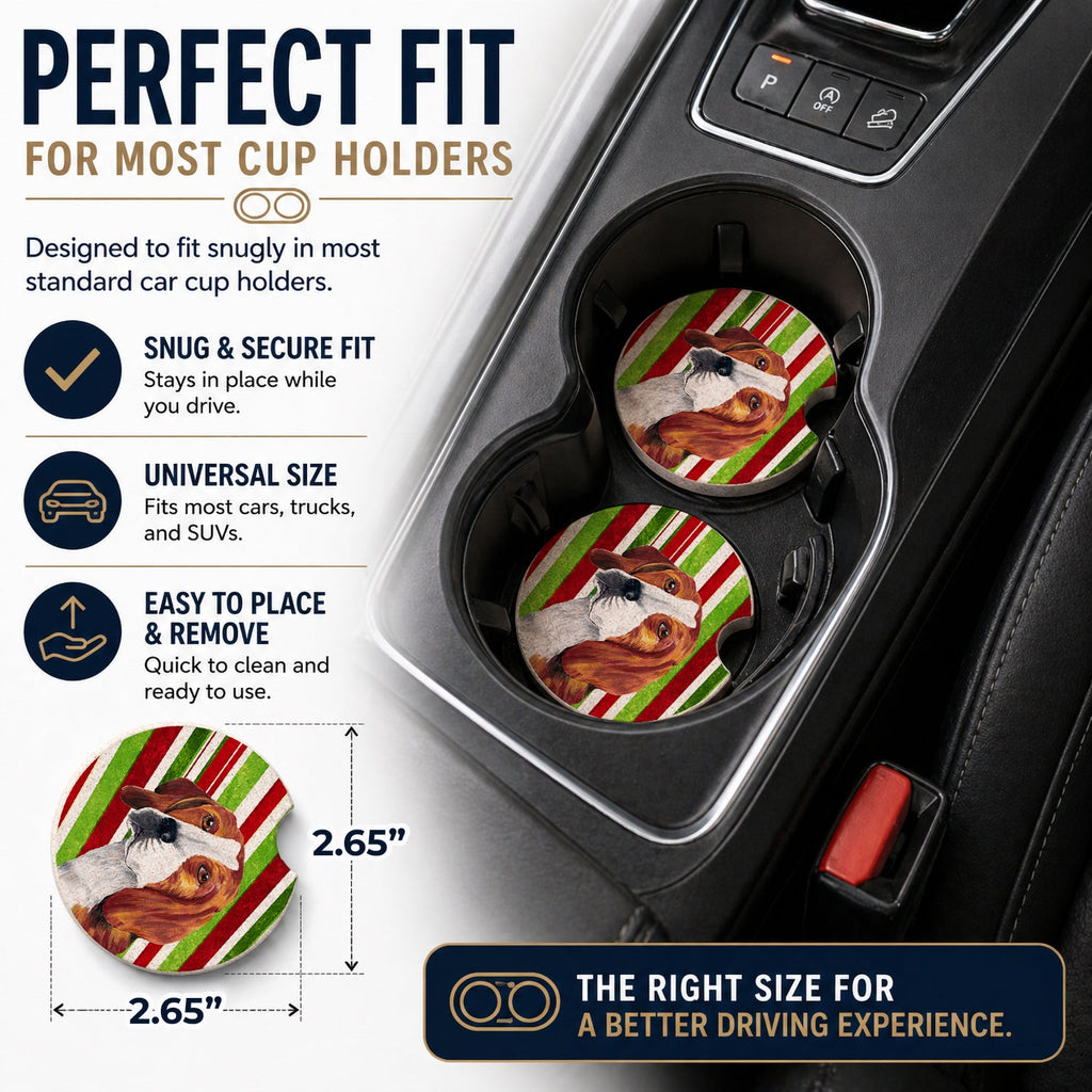 Beagle Candy Cane Holiday Christmas Set of 2 Cup Holder Car Coasters Absorbent Round Sandstone Coasters Gifts for Men or Women, 2.5, Multicolor