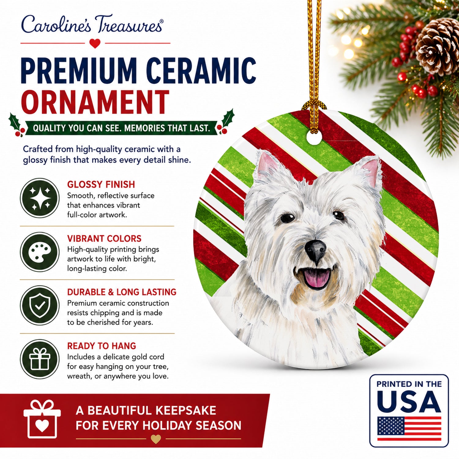 Westie Candy Cane Holiday Christmas Ceramic Ornament Christmas Tree Hanging Decorations for Home Christmas Holiday, Party, Gift, 3 in, Multicolor