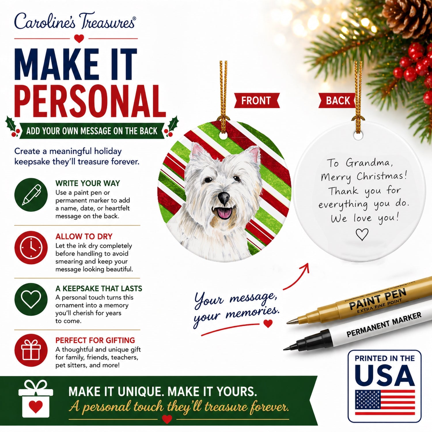 Westie Candy Cane Holiday Christmas Ceramic Ornament Christmas Tree Hanging Decorations for Home Christmas Holiday, Party, Gift, 3 in, Multicolor