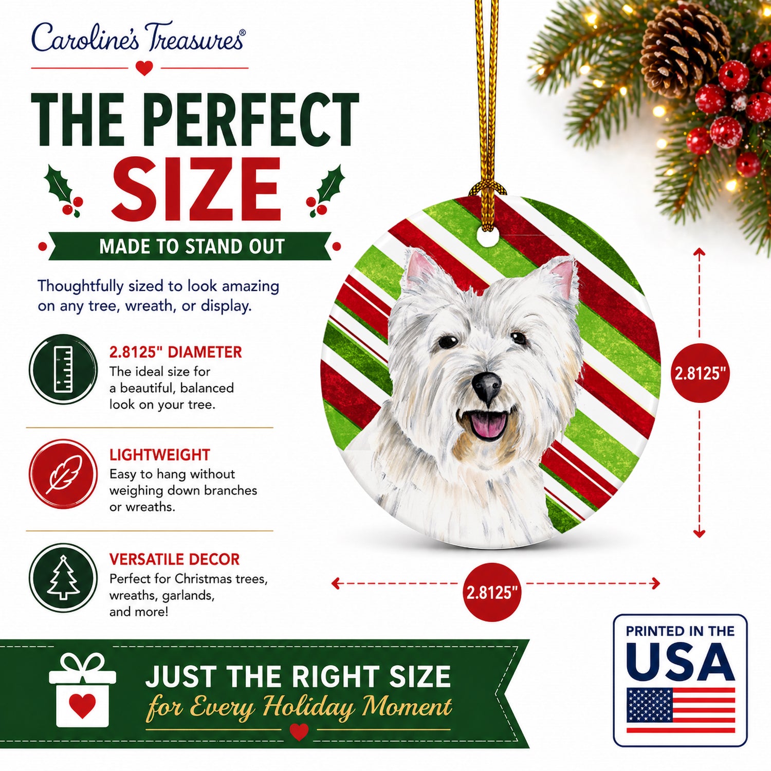 Westie Candy Cane Holiday Christmas Ceramic Ornament Christmas Tree Hanging Decorations for Home Christmas Holiday, Party, Gift, 3 in, Multicolor