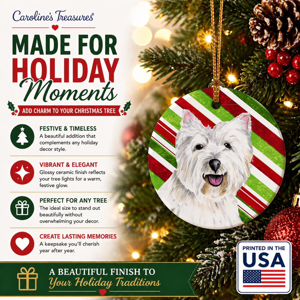 Westie Candy Cane Holiday Christmas Ceramic Ornament Christmas Tree Hanging Decorations for Home Christmas Holiday, Party, Gift, 3 in, Multicolor