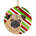 Pug Candy Cane Holiday Christmas Ceramic Ornament Christmas Tree Hanging Decorations for Home Christmas Holiday, Party, Gift, 3 in, Multicolor