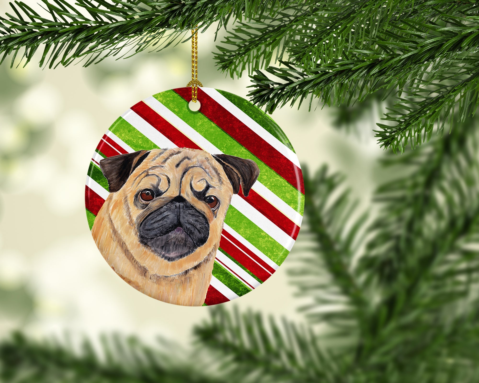 Pug Candy Cane Holiday Christmas Ceramic Ornament Christmas Tree Hanging Decorations for Home Christmas Holiday, Party, Gift, 3 in, Multicolor