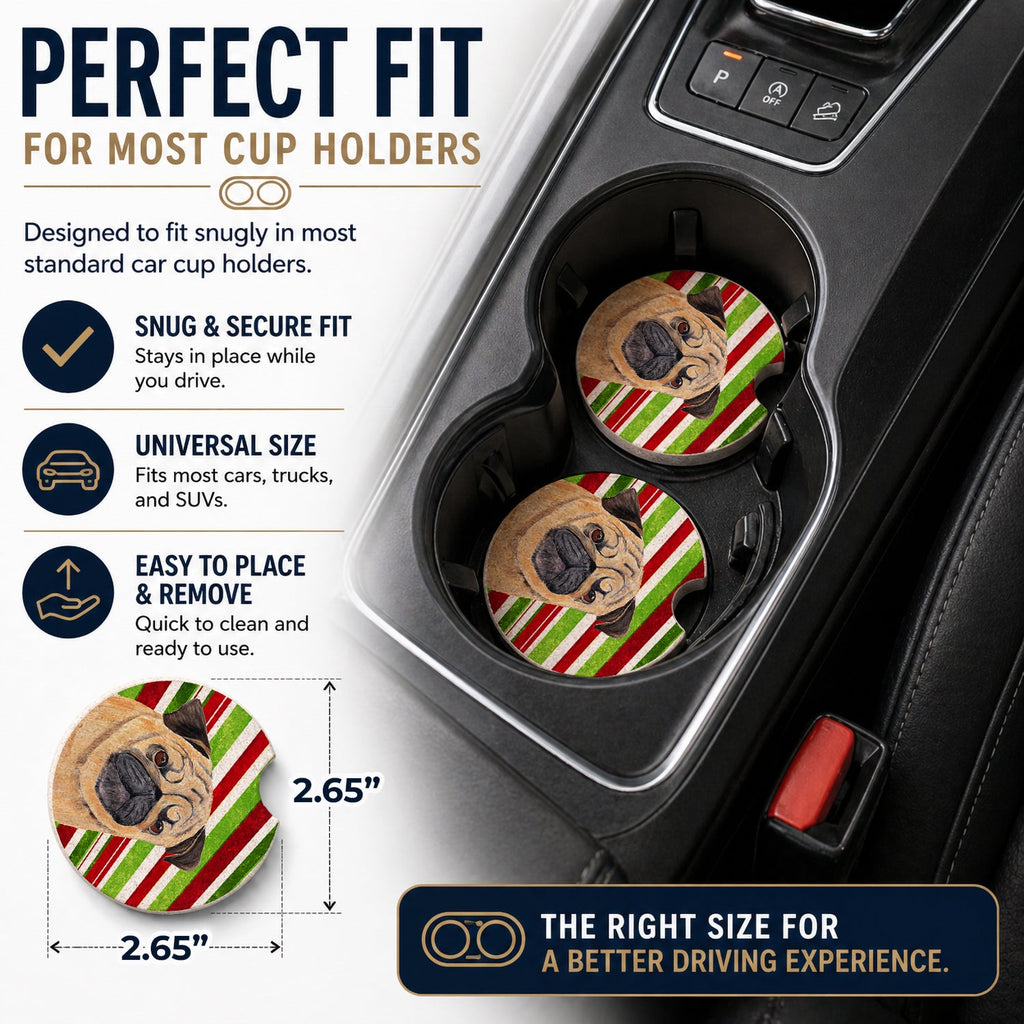 Pug Candy Cane Holiday Christmas Set of 2 Cup Holder Car Coasters Absorbent Round Sandstone Coasters Gifts for Men or Women, 2.5, Multicolor