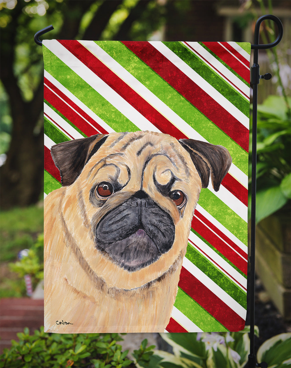 Pug Candy Cane Holiday Christmas Garden Flag Mailbox Decorative Yard Banner Outside Patio Artwork for Flower Beds, Garden Size, Multicolor