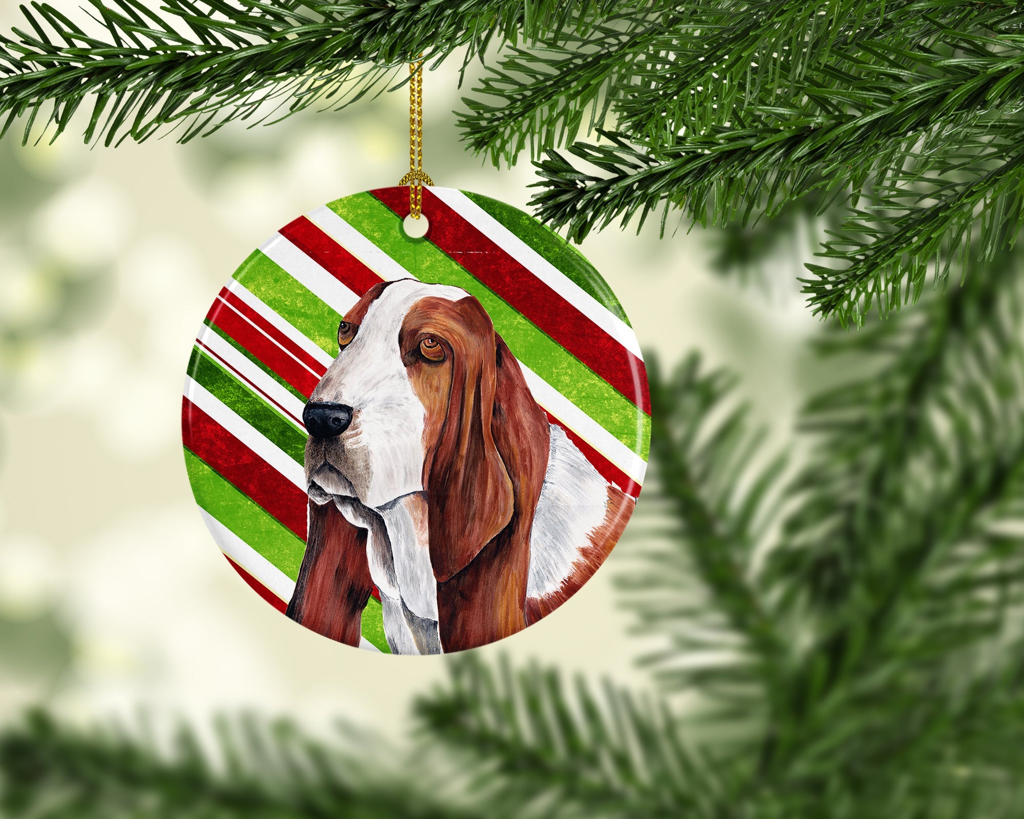 Basset Hound Candy Cane Holiday Christmas Ceramic Ornament Christmas Tree Hanging Decorations for Home Christmas Holiday, Party, Gift, 3 in, Multicolor