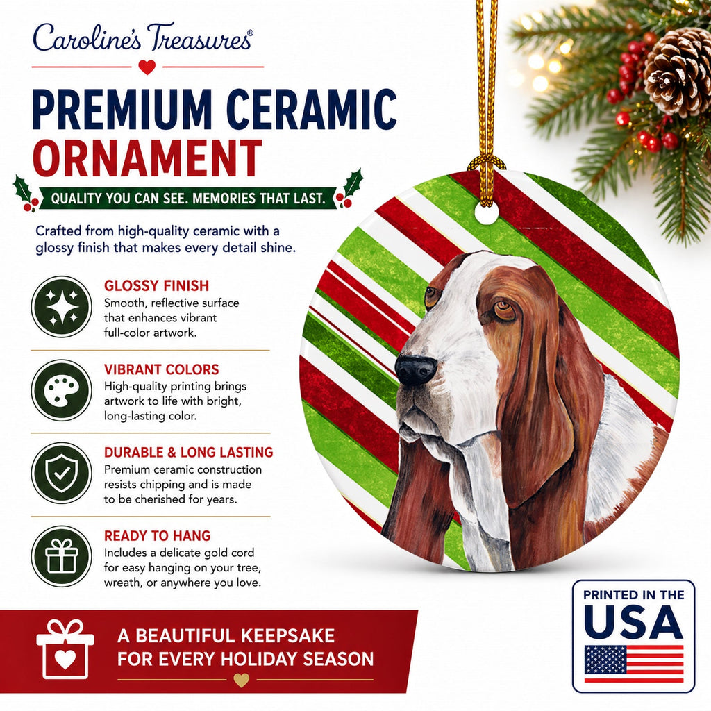 Basset Hound Candy Cane Holiday Christmas Ceramic Ornament Christmas Tree Hanging Decorations for Home Christmas Holiday, Party, Gift, 3 in, Multicolor