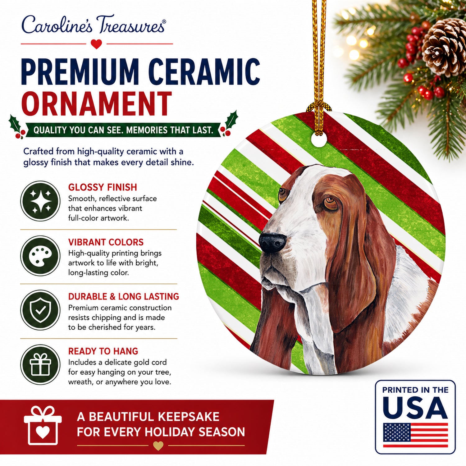 Basset Hound Candy Cane Holiday Christmas Ceramic Ornament Christmas Tree Hanging Decorations for Home Christmas Holiday, Party, Gift, 3 in, Multicolor
