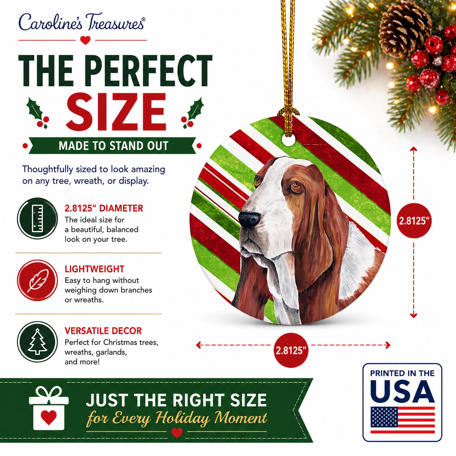 Basset Hound Candy Cane Holiday Christmas Ceramic Ornament Christmas Tree Hanging Decorations for Home Christmas Holiday, Party, Gift, 3 in, Multicolor