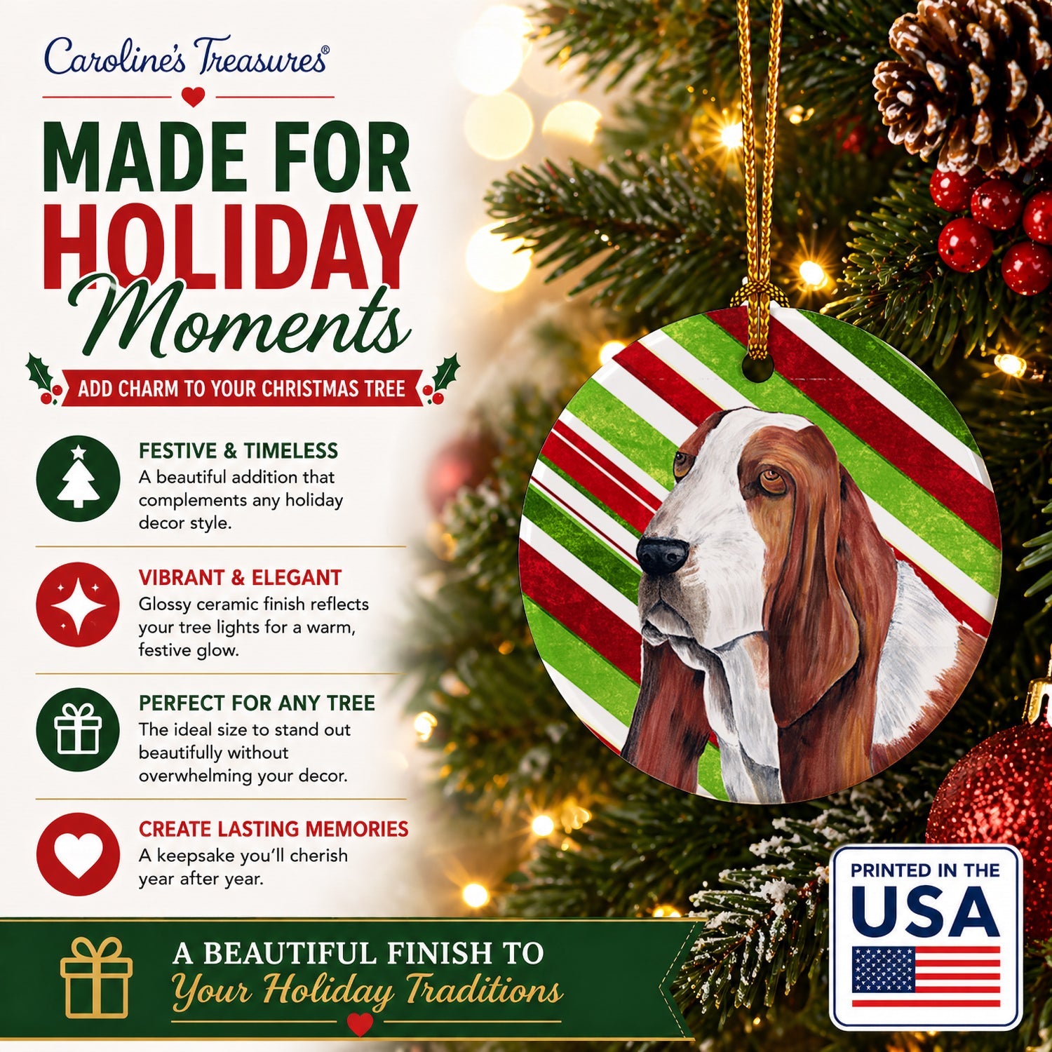 Basset Hound Candy Cane Holiday Christmas Ceramic Ornament Christmas Tree Hanging Decorations for Home Christmas Holiday, Party, Gift, 3 in, Multicolor