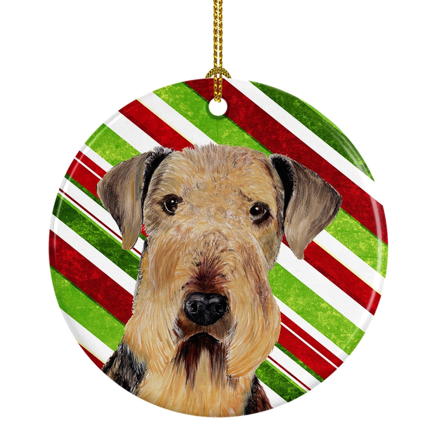 Airedale Candy Cane Holiday Christmas Ceramic Ornament Christmas Tree Hanging Decorations for Home Christmas Holiday, Party, Gift, 3 in, Multicolor