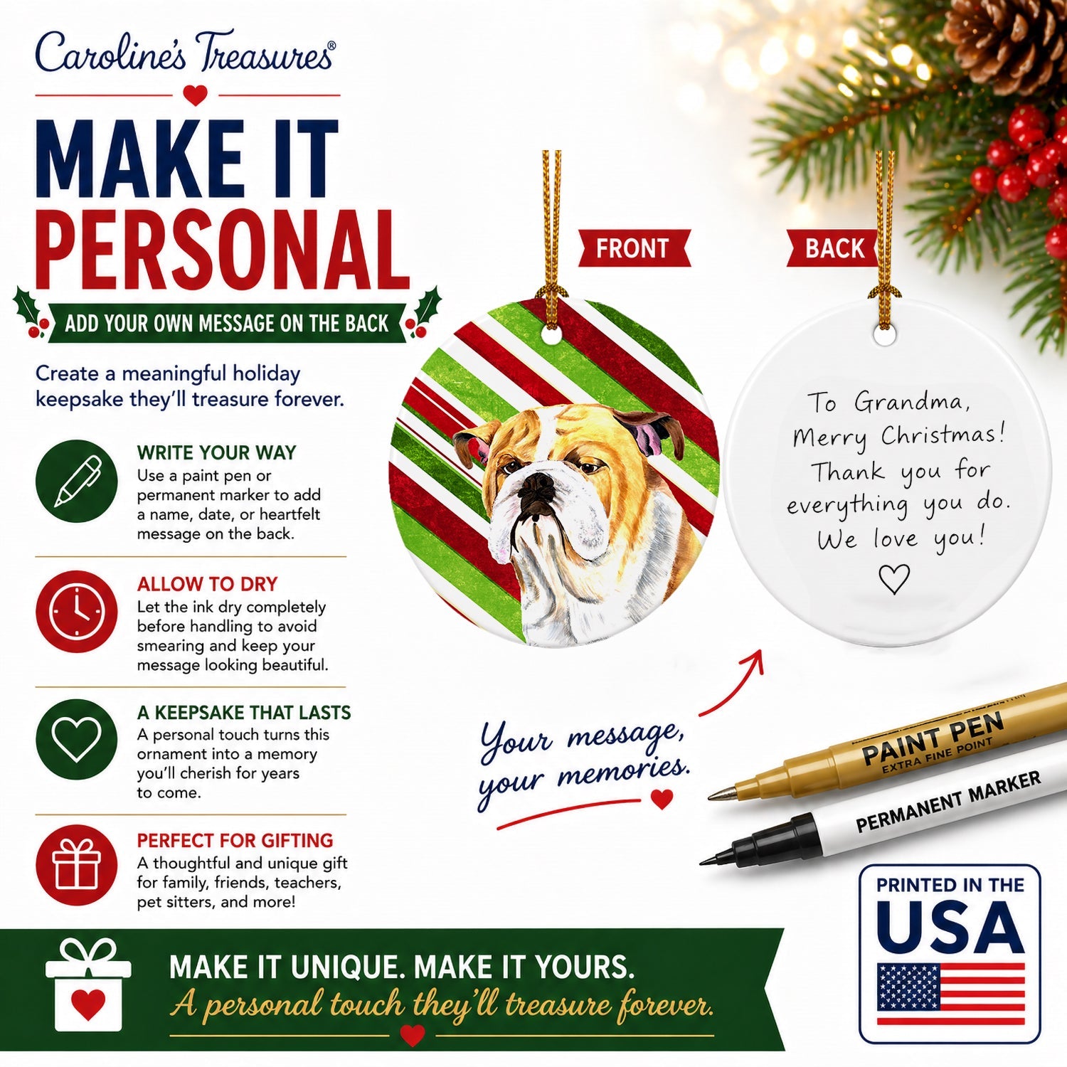 Bulldog English Candy Cane Holiday Christmas Ceramic Ornament Christmas Tree Hanging Decorations for Home Christmas Holiday, Party, Gift, 3 in, Multicolor
