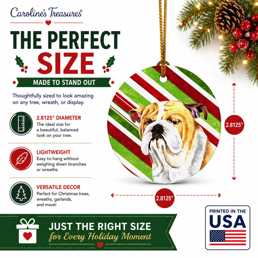 Bulldog English Candy Cane Holiday Christmas Ceramic Ornament Christmas Tree Hanging Decorations for Home Christmas Holiday, Party, Gift, 3 in, Multicolor