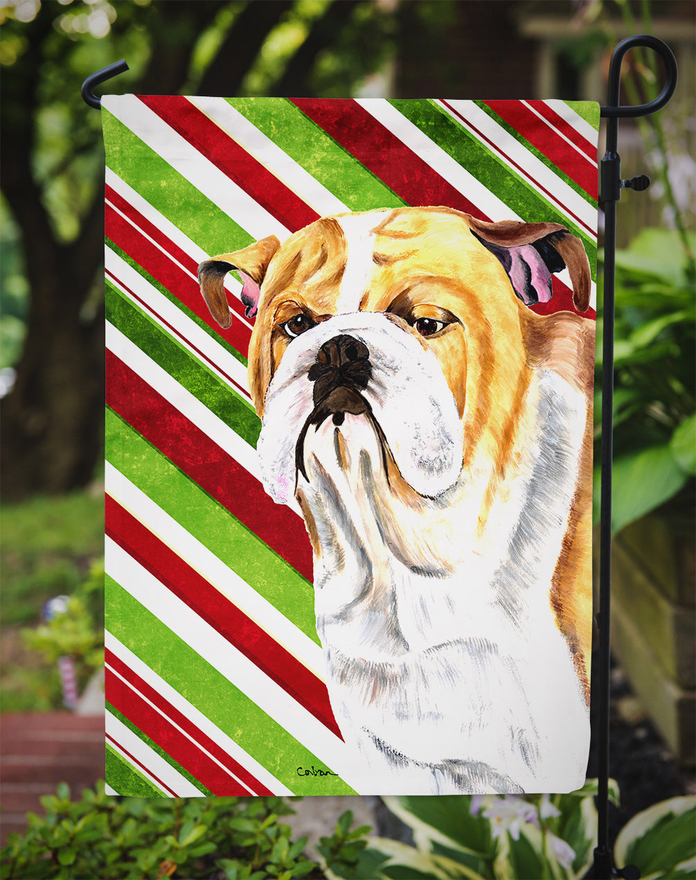 Bulldog English Candy Cane Holiday Christmas Garden Flag Mailbox Decorative Yard Banner Outside Patio Artwork for Flower Beds, Garden Size, Multicolor