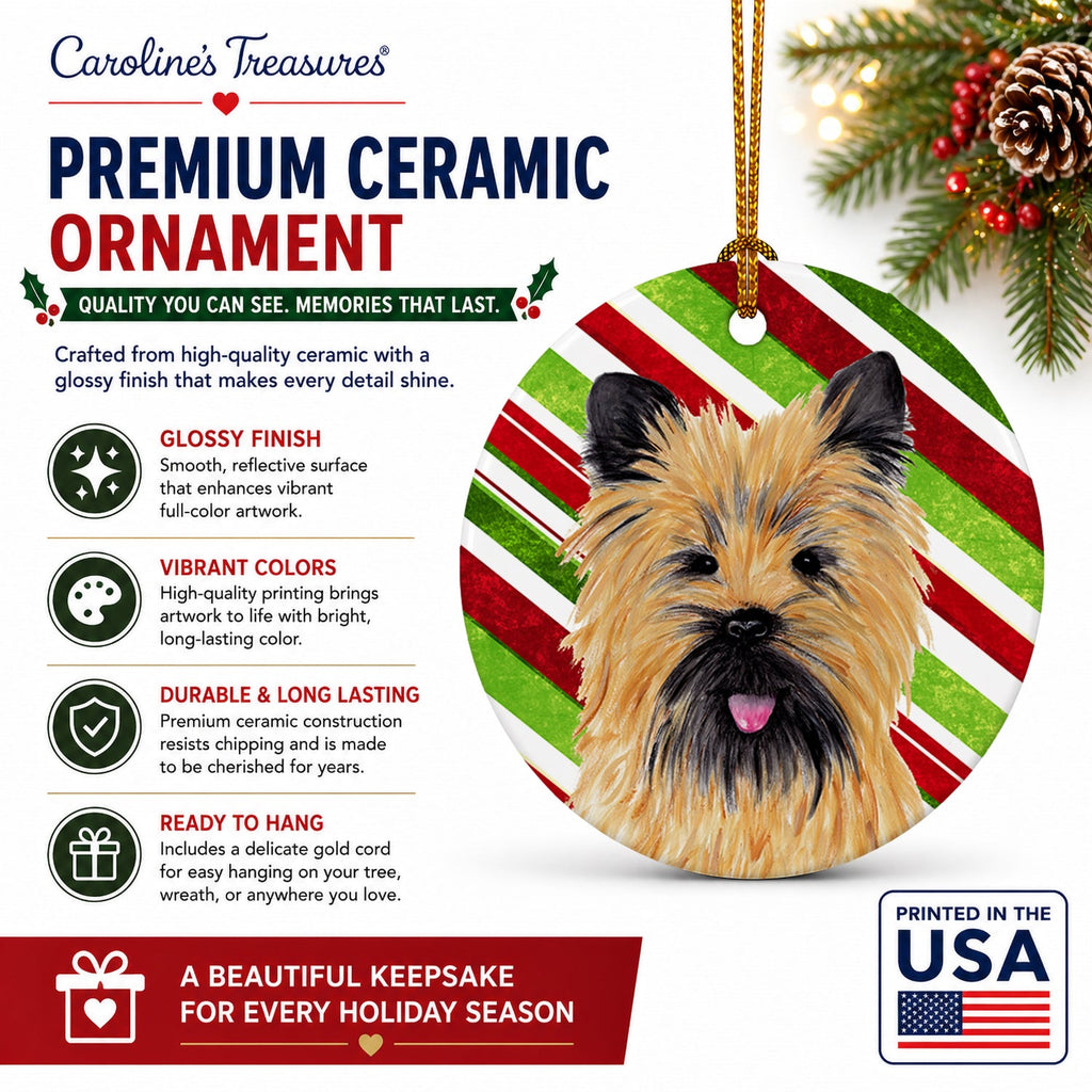 Cairn Terrier Candy Cane Holiday Christmas Ceramic Ornament Christmas Tree Hanging Decorations for Home Christmas Holiday, Party, Gift, 3 in, Multicolor