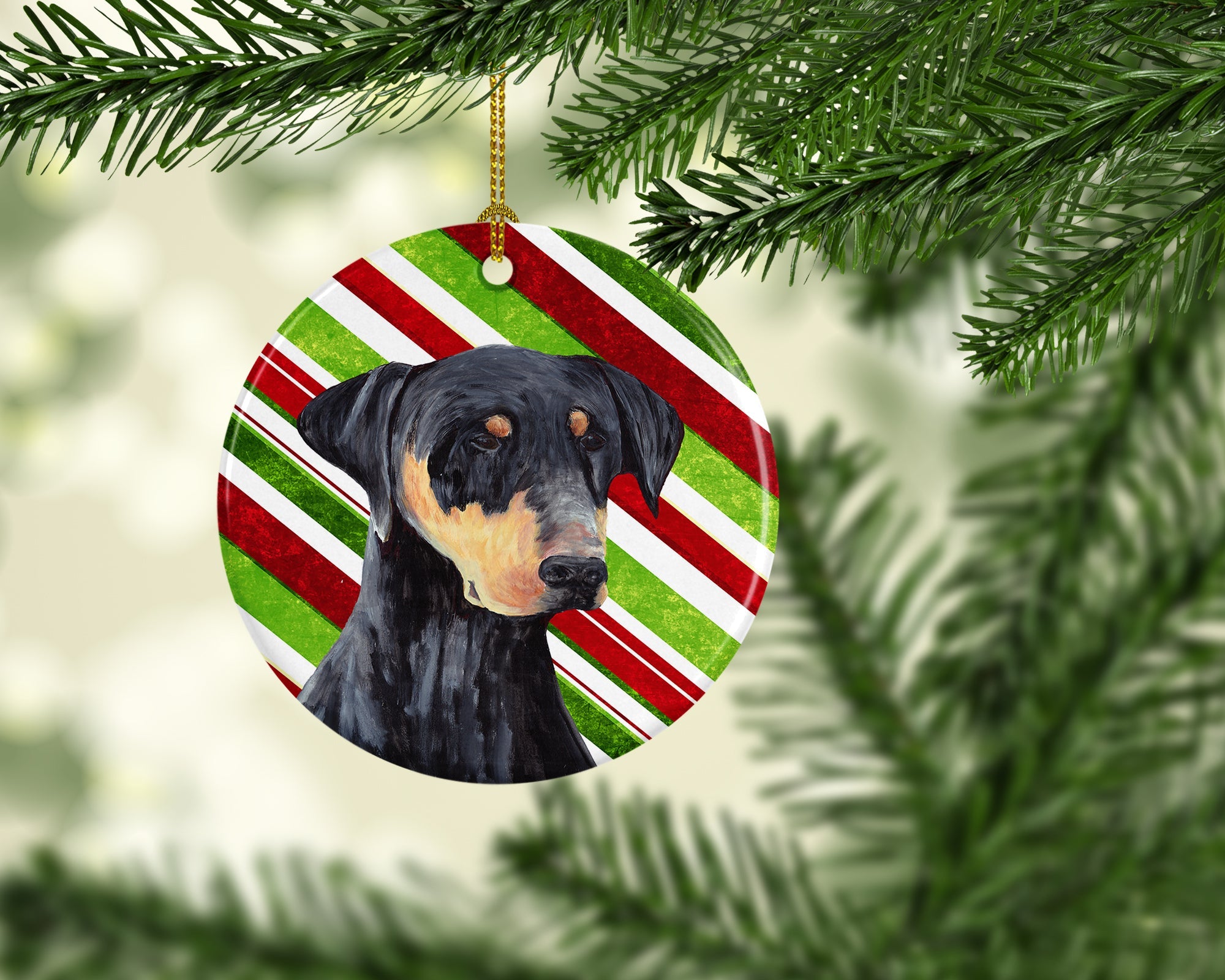 Doberman Candy Cane Holiday Christmas Ceramic Ornament Christmas Tree Hanging Decorations for Home Christmas Holiday, Party, Gift, 3 in, Multicolor