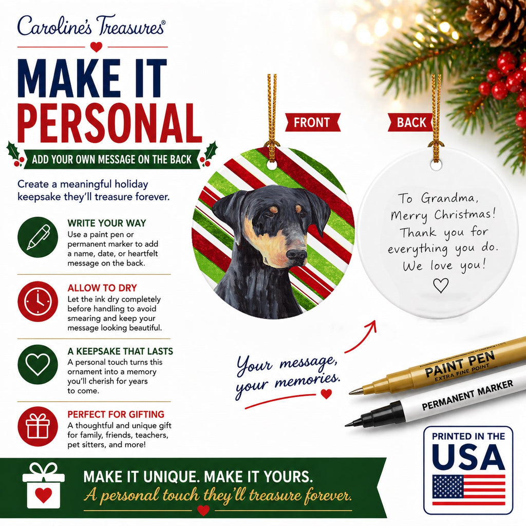 Doberman Candy Cane Holiday Christmas Ceramic Ornament Christmas Tree Hanging Decorations for Home Christmas Holiday, Party, Gift, 3 in, Multicolor