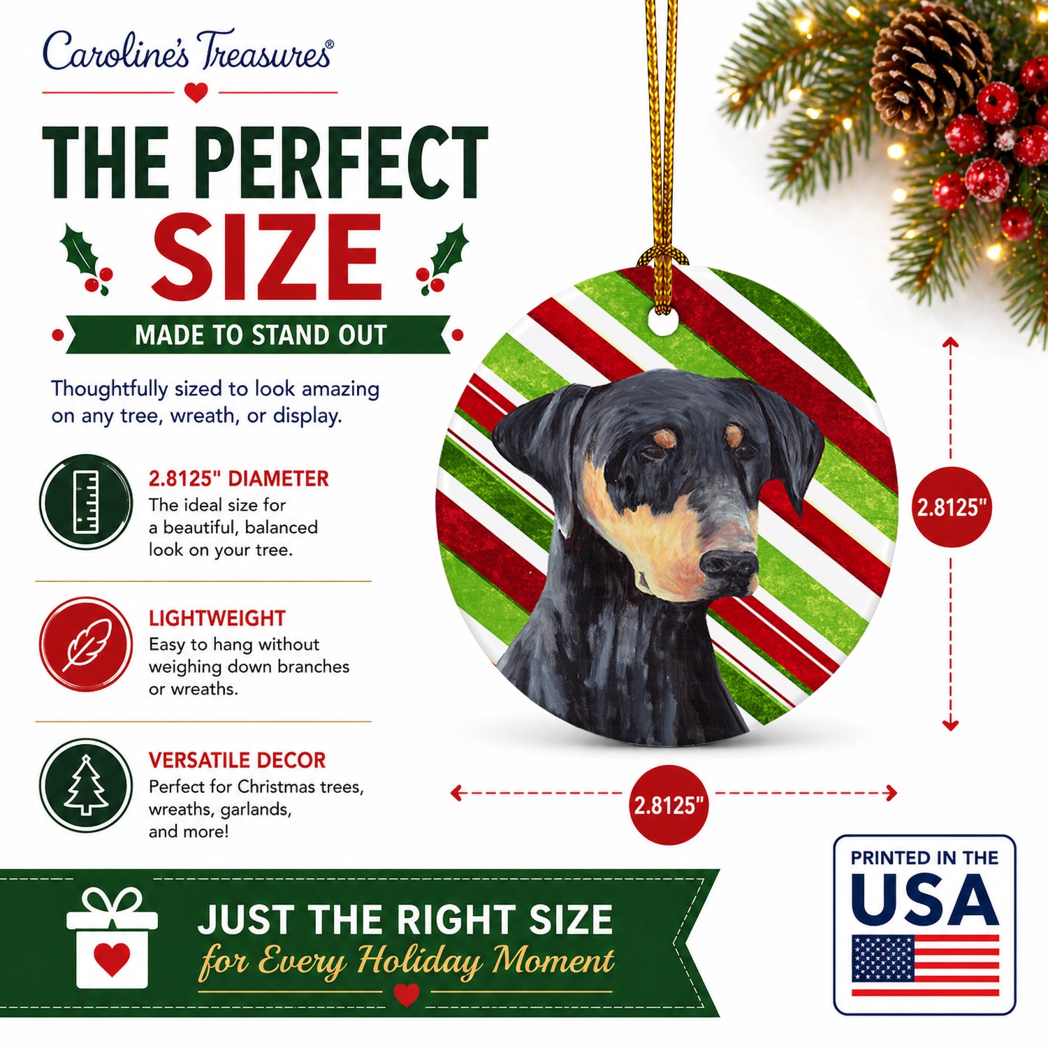 Doberman Candy Cane Holiday Christmas Ceramic Ornament Christmas Tree Hanging Decorations for Home Christmas Holiday, Party, Gift, 3 in, Multicolor