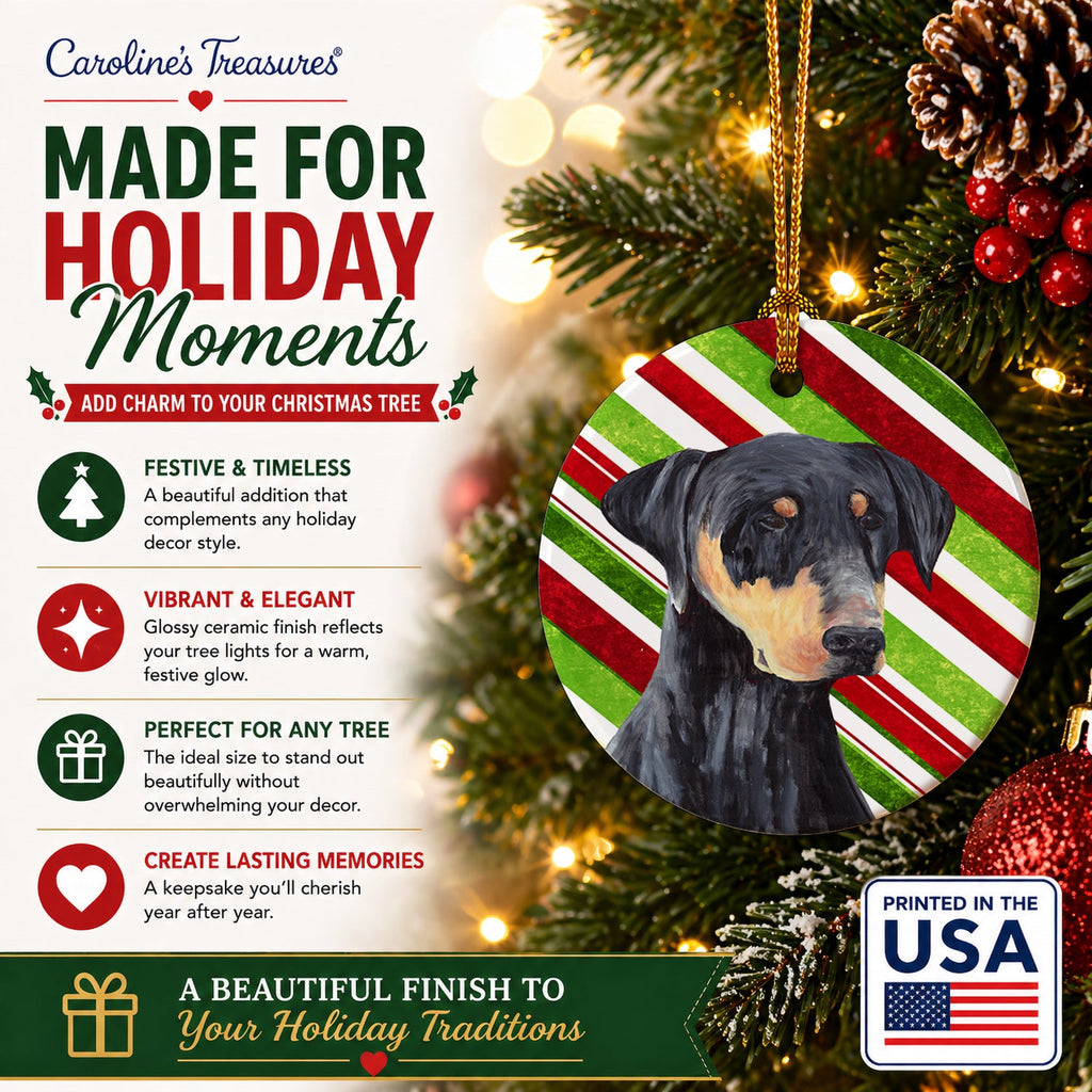Doberman Candy Cane Holiday Christmas Ceramic Ornament Christmas Tree Hanging Decorations for Home Christmas Holiday, Party, Gift, 3 in, Multicolor