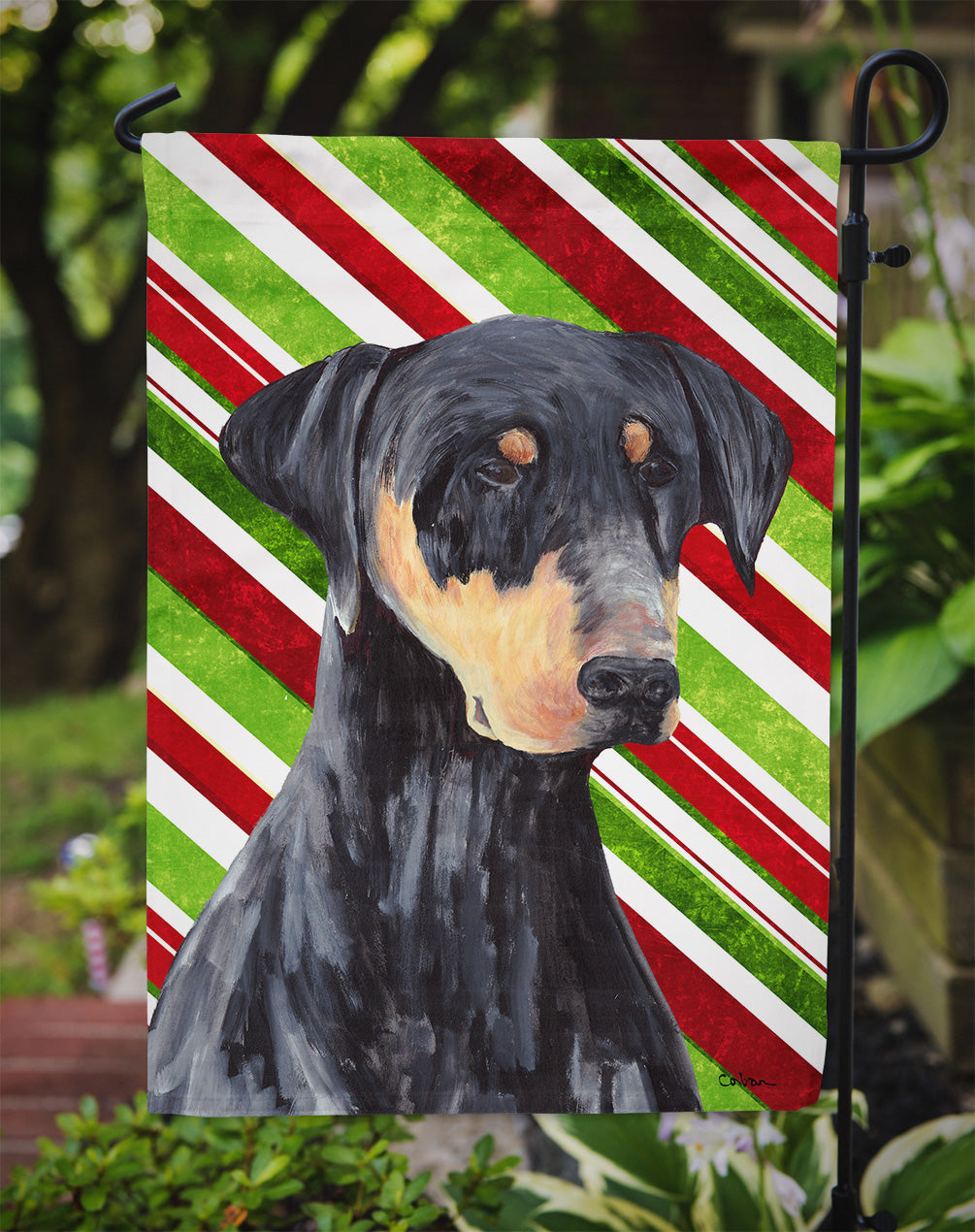 Doberman Candy Cane Holiday Christmas Garden Flag Mailbox Decorative Yard Banner Outside Patio Artwork for Flower Beds, Garden Size, Multicolor