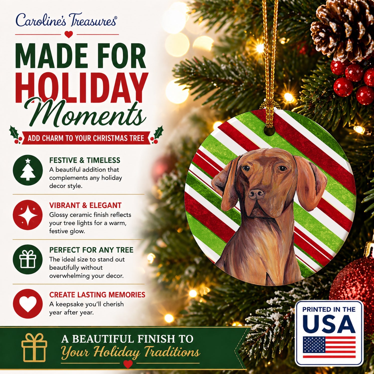 Vizsla Candy Cane Holiday Christmas Ceramic Ornament Christmas Tree Hanging Decorations for Home Christmas Holiday, Party, Gift, 3 in, Multicolor