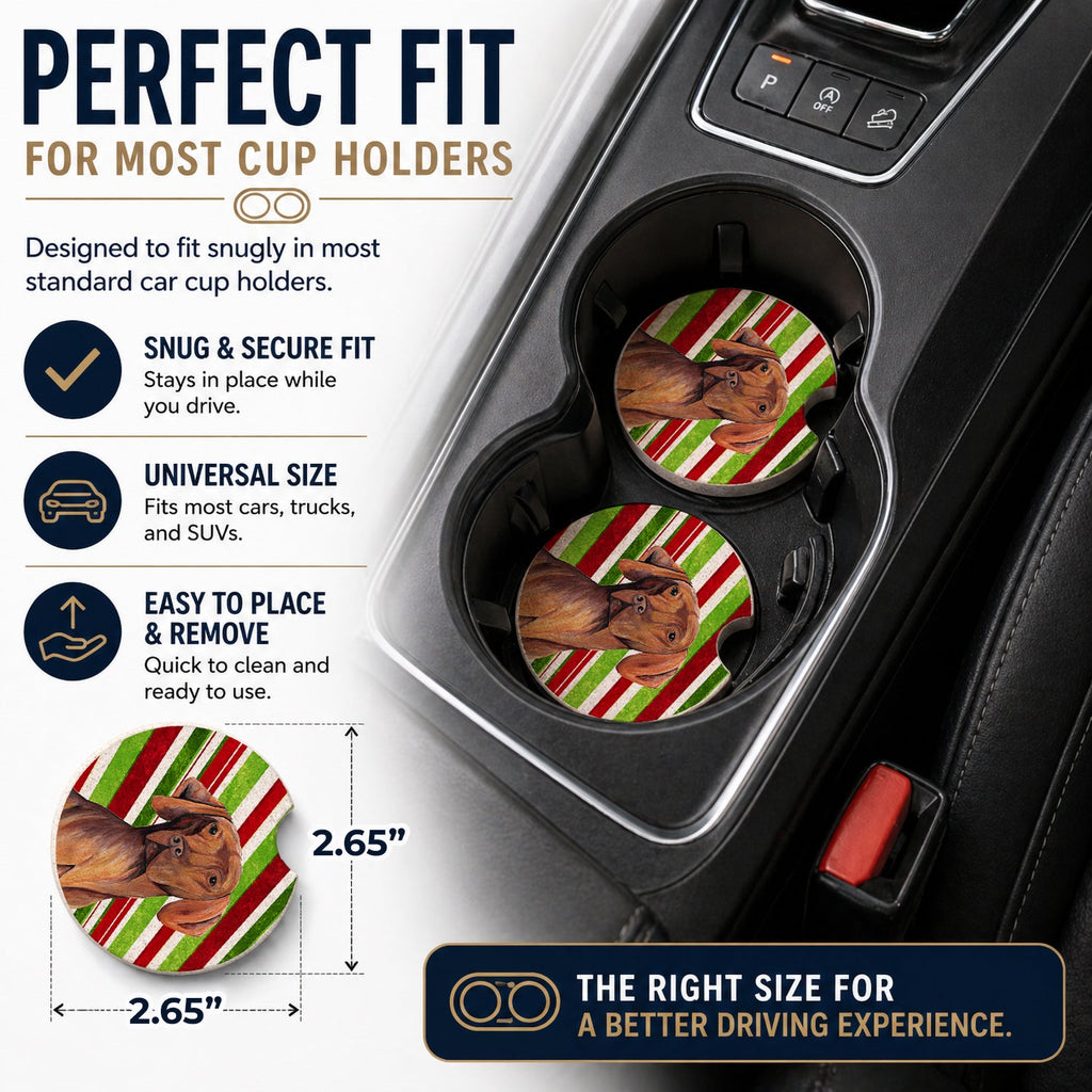Vizsla Candy Cane Holiday Christmas Set of 2 Cup Holder Car Coasters Absorbent Round Sandstone Coasters Gifts for Men or Women, 2.5, Multicolor