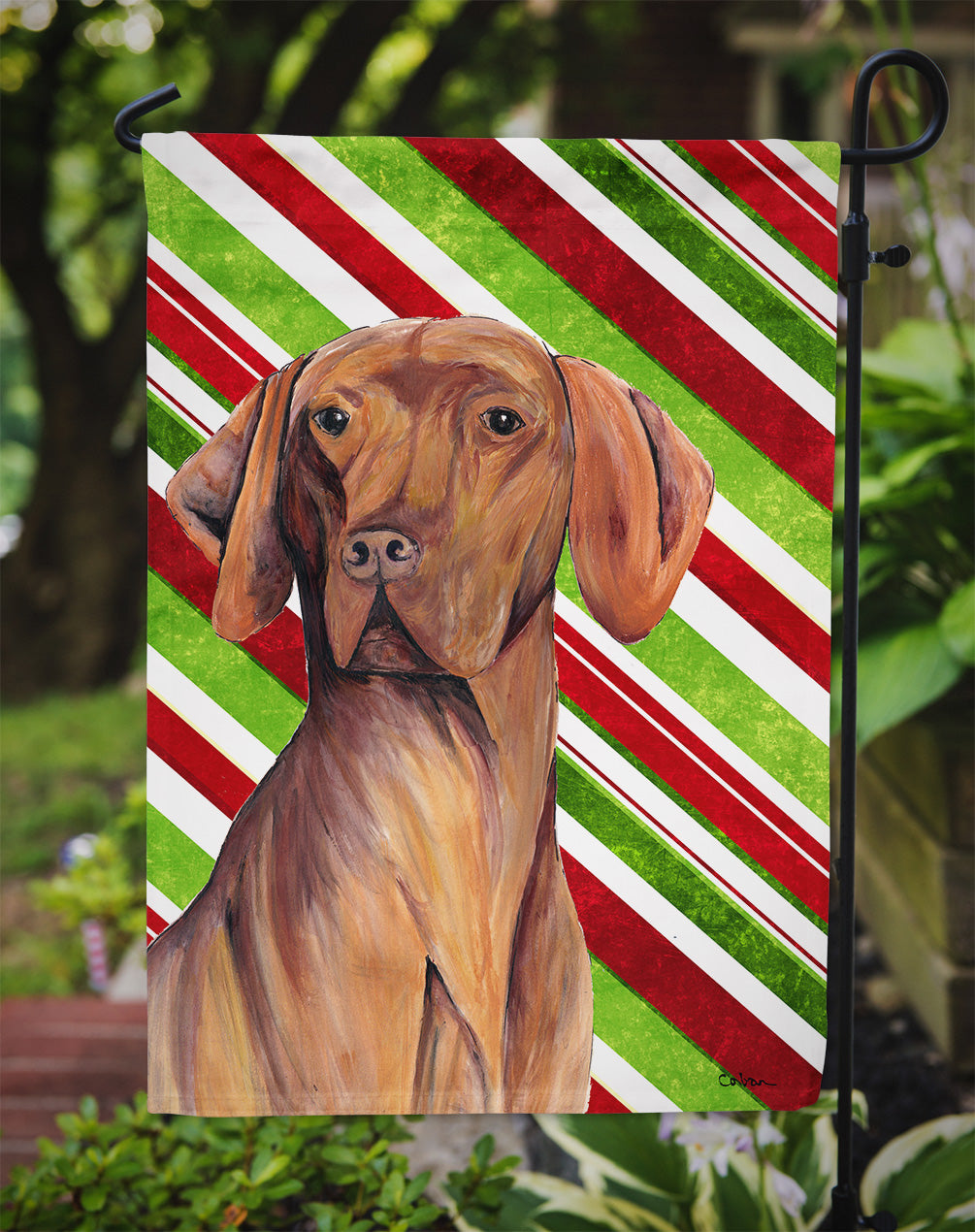 Vizsla Candy Cane Holiday Christmas Garden Flag Mailbox Decorative Yard Banner Outside Patio Artwork for Flower Beds, Garden Size, Multicolor