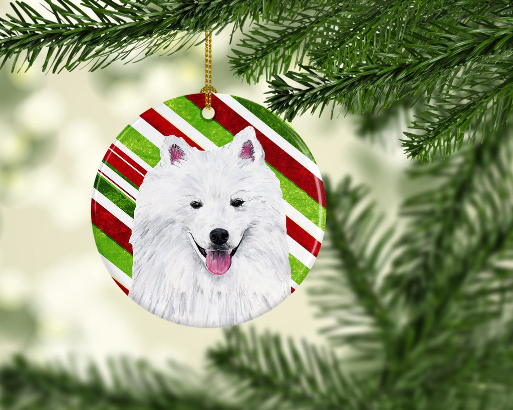 American Eskimo Candy Cane Holiday Christmas Ceramic Ornament Christmas Tree Hanging Decorations for Home Christmas Holiday, Party, Gift, 3 in, Multicolor