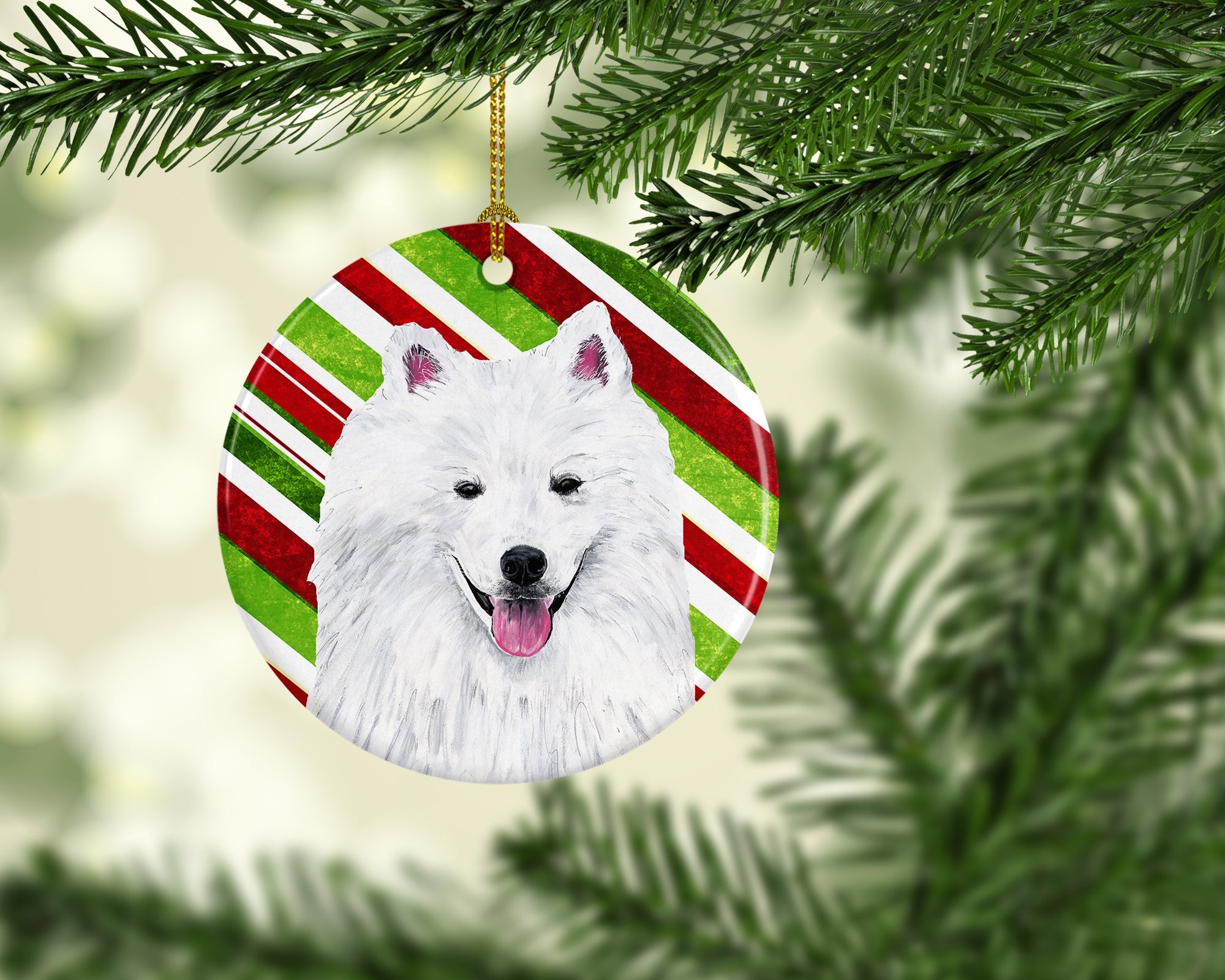 American Eskimo Candy Cane Holiday Christmas Ceramic Ornament Christmas Tree Hanging Decorations for Home Christmas Holiday, Party, Gift, 3 in, Multicolor