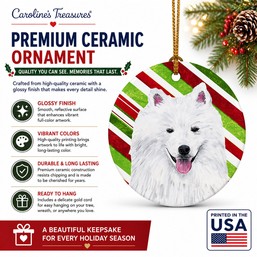 American Eskimo Candy Cane Holiday Christmas Ceramic Ornament Christmas Tree Hanging Decorations for Home Christmas Holiday, Party, Gift, 3 in, Multicolor