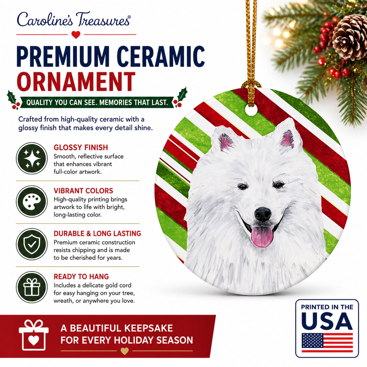 American Eskimo Candy Cane Holiday Christmas Ceramic Ornament Christmas Tree Hanging Decorations for Home Christmas Holiday, Party, Gift, 3 in, Multicolor