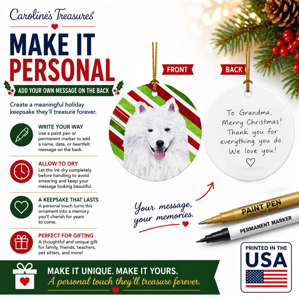 American Eskimo Candy Cane Holiday Christmas Ceramic Ornament Christmas Tree Hanging Decorations for Home Christmas Holiday, Party, Gift, 3 in, Multicolor