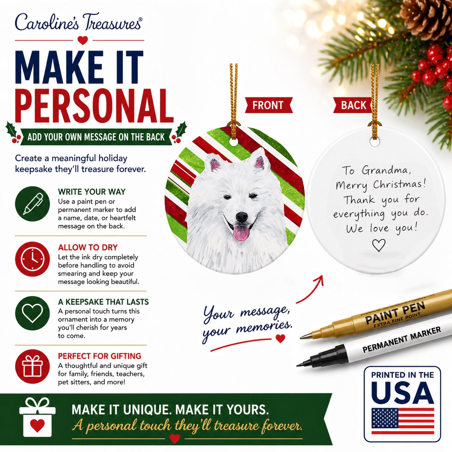 American Eskimo Candy Cane Holiday Christmas Ceramic Ornament Christmas Tree Hanging Decorations for Home Christmas Holiday, Party, Gift, 3 in, Multicolor