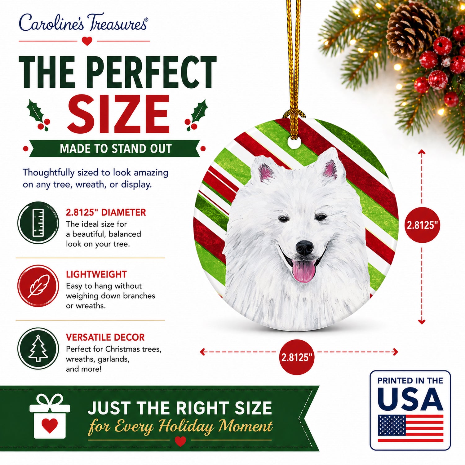 American Eskimo Candy Cane Holiday Christmas Ceramic Ornament Christmas Tree Hanging Decorations for Home Christmas Holiday, Party, Gift, 3 in, Multicolor