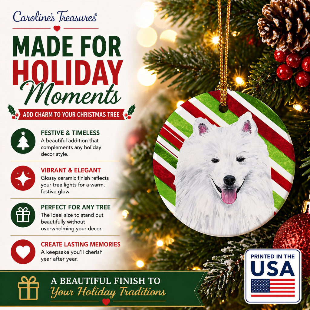 American Eskimo Candy Cane Holiday Christmas Ceramic Ornament Christmas Tree Hanging Decorations for Home Christmas Holiday, Party, Gift, 3 in, Multicolor